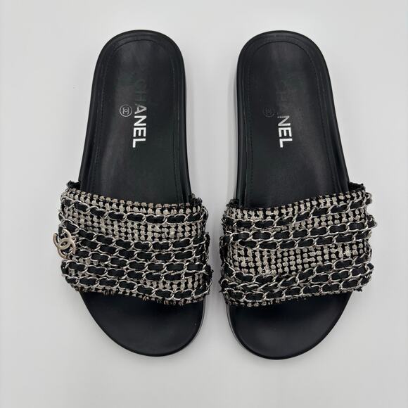 Chanel CC Chain Slide Sandals Flat Canvas Slip On Shoes Black Tweed Size 38 - Picture 13 of 14